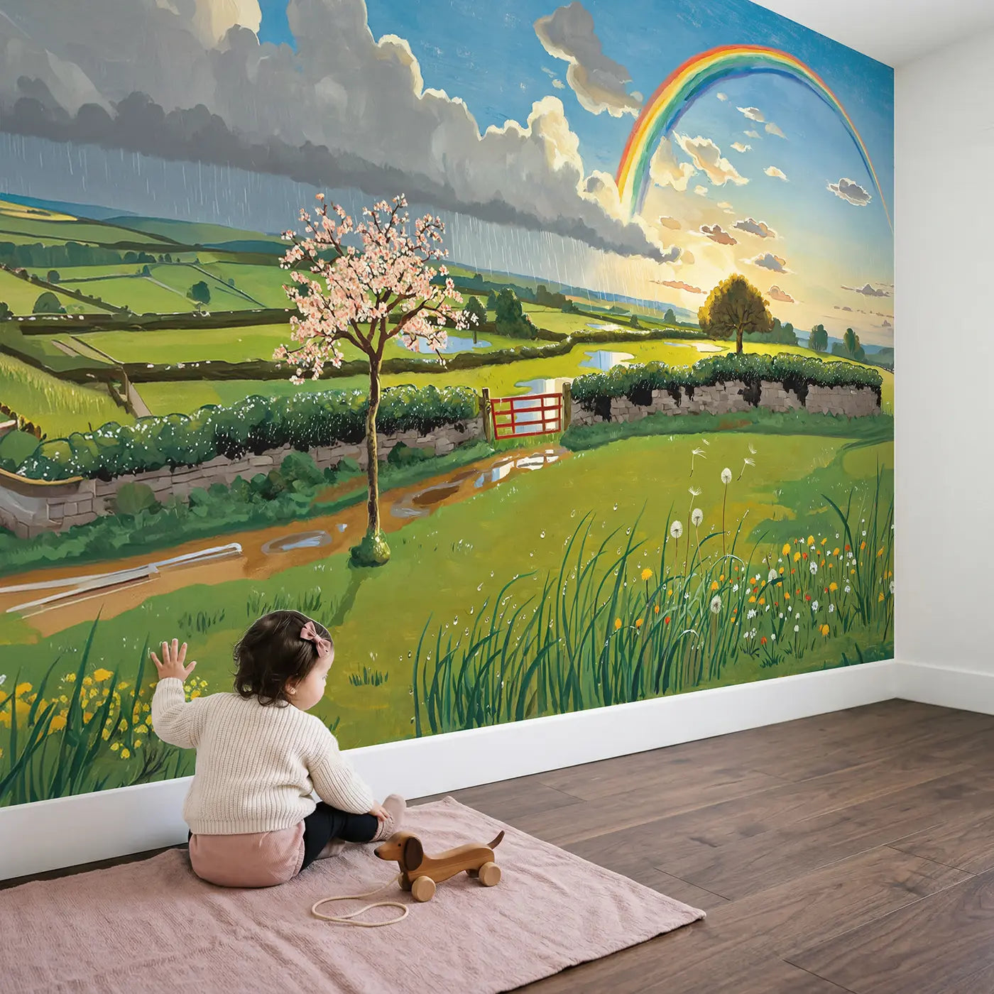 Child in nursery with Spring Rainbow Shower Wallpaper Mural by Whimsy Tots