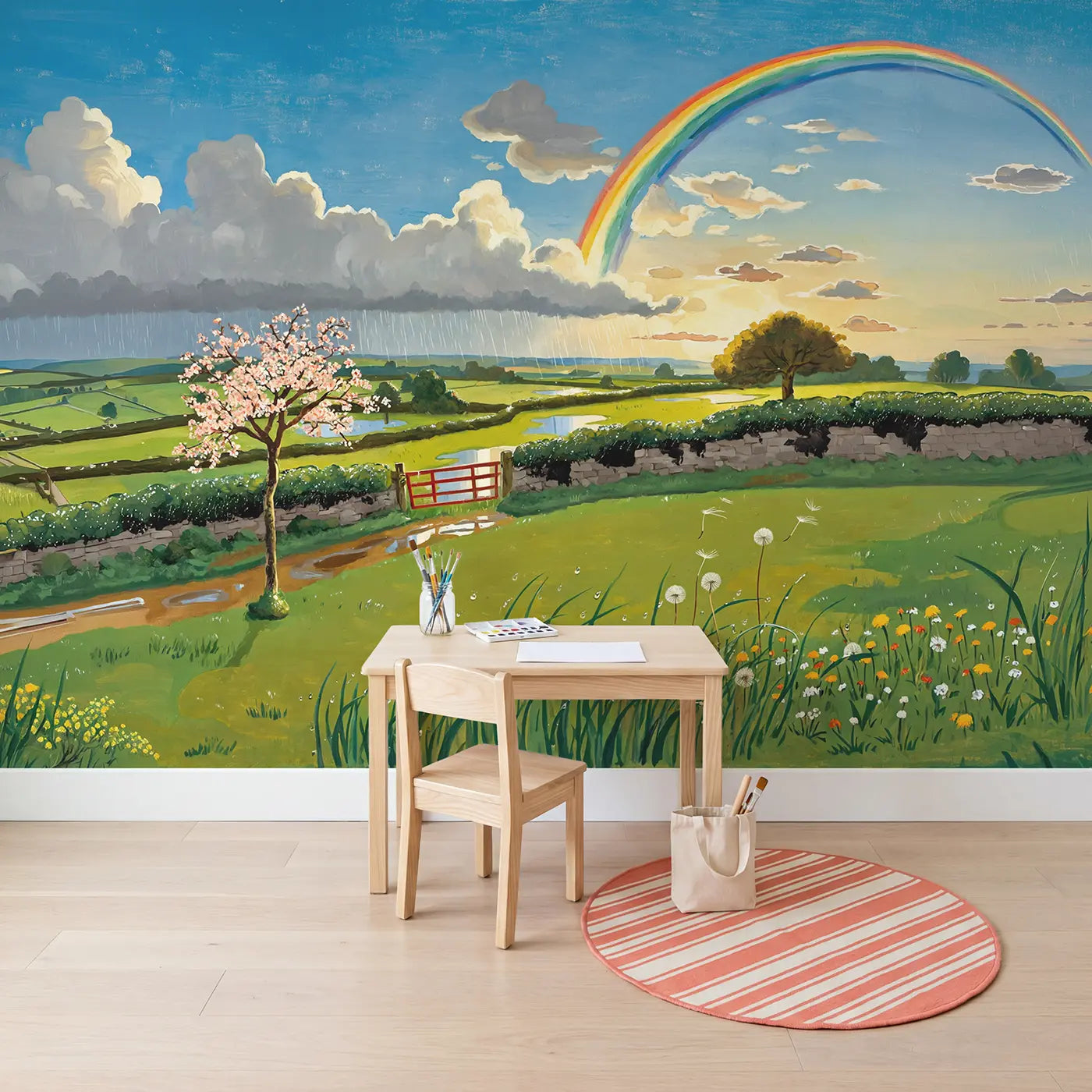 Spring Rainbow Shower Wallpaper Mural in playroom setting by Whimsy Tots