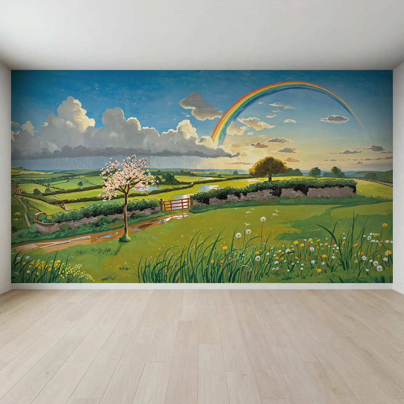 Full view of Spring Rainbow Shower Wallpaper Mural by Whimsy Tots