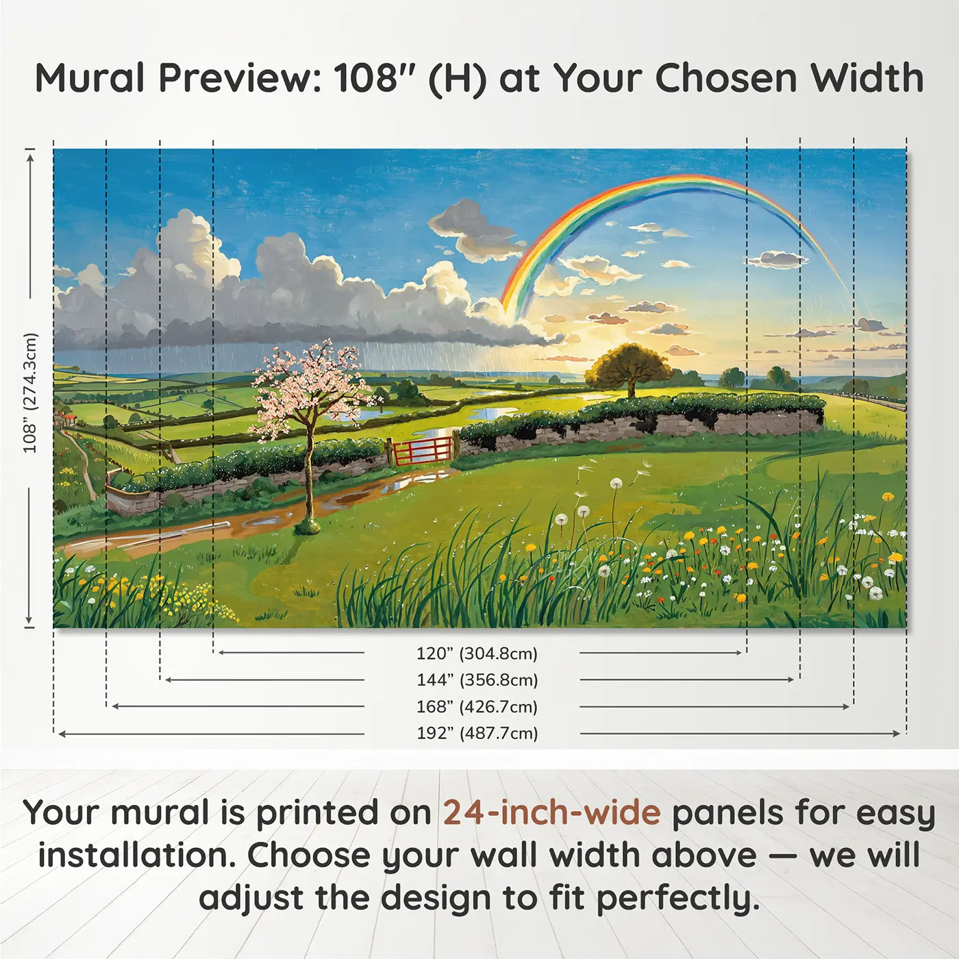 Panel layout and dimensions for Spring Rainbow Shower Wallpaper Mural by Whimsy Tots