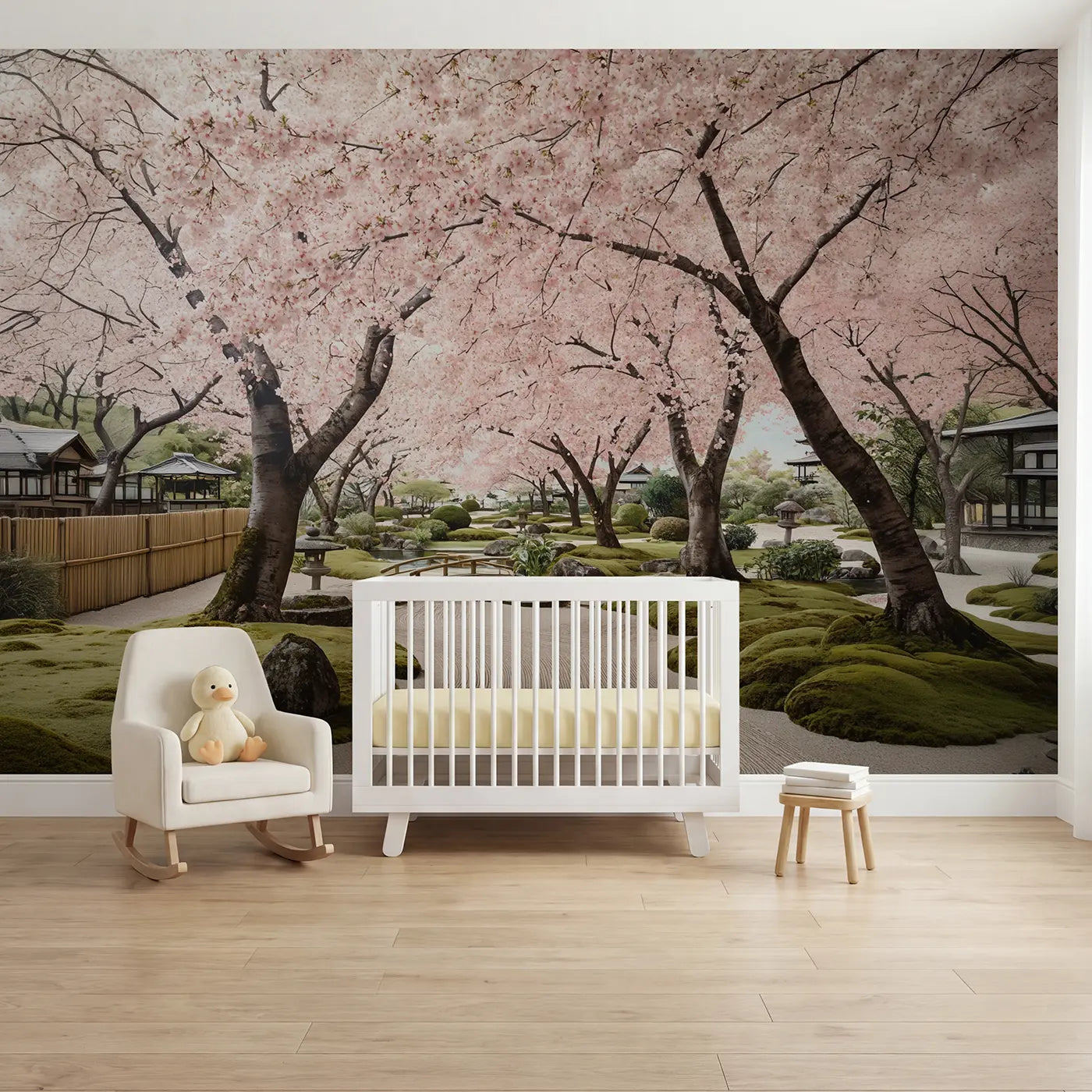 Botanical elegance cherry blossom garden moon wallpaper mural for nursery by Whimsy Tots