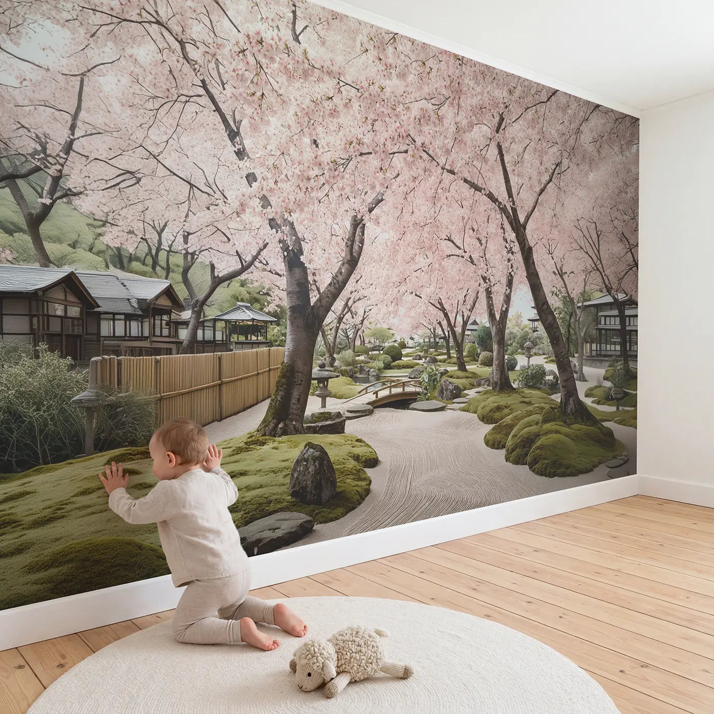 Child in nursery with Cherry Blossom Garden Peak Wallpaper Mural by Whimsy Tots