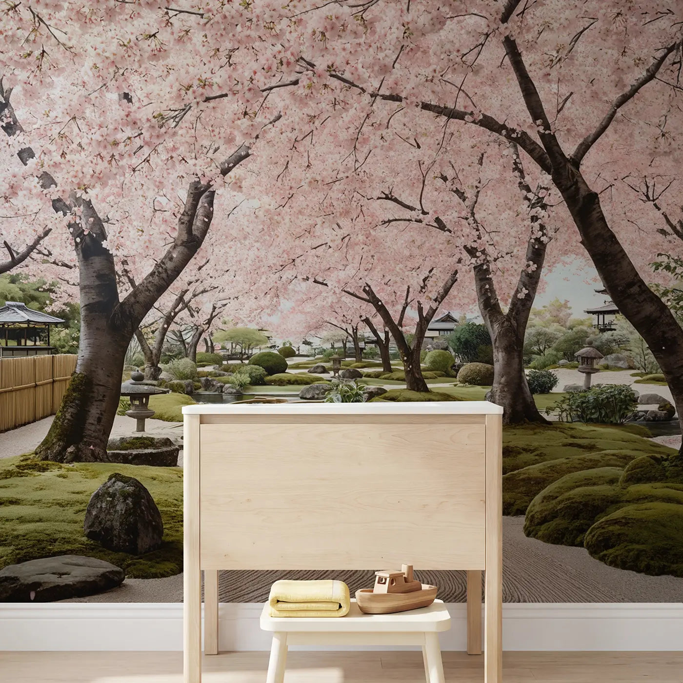 Cherry Blossom Garden Peak Wallpaper Mural in playroom setting by Whimsy Tots
