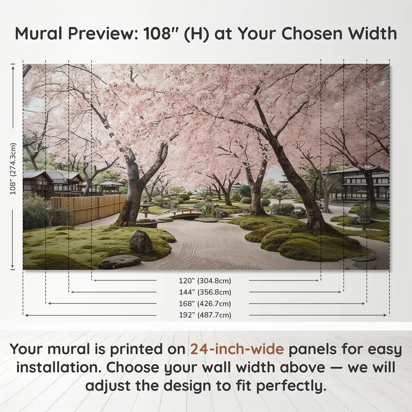 Panel layout and dimensions for Cherry Blossom Garden Peak Wallpaper Mural by Whimsy Tots