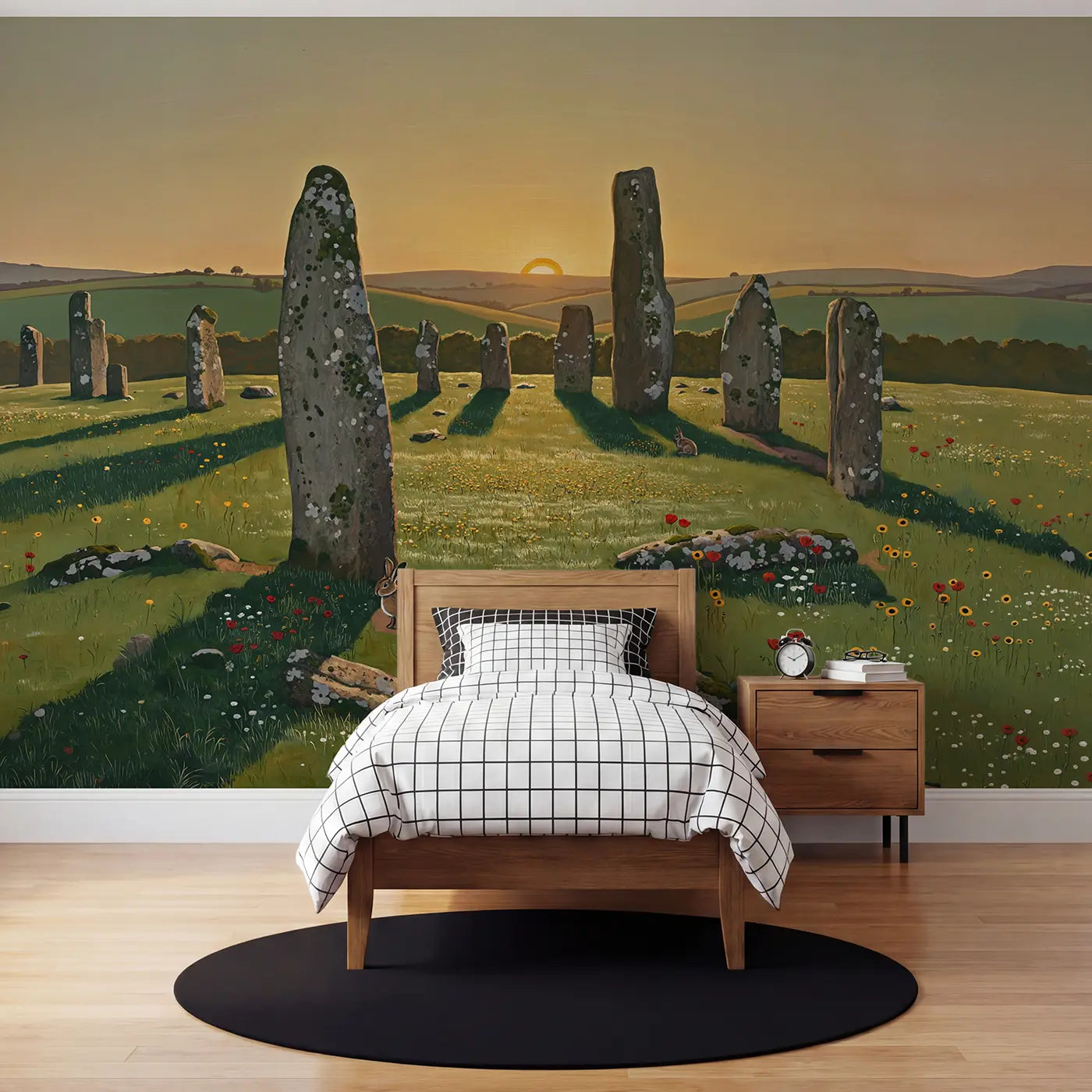 Modern illustration solstice stone circle sunrise wallpaper mural for kids room by Whimsy Tots