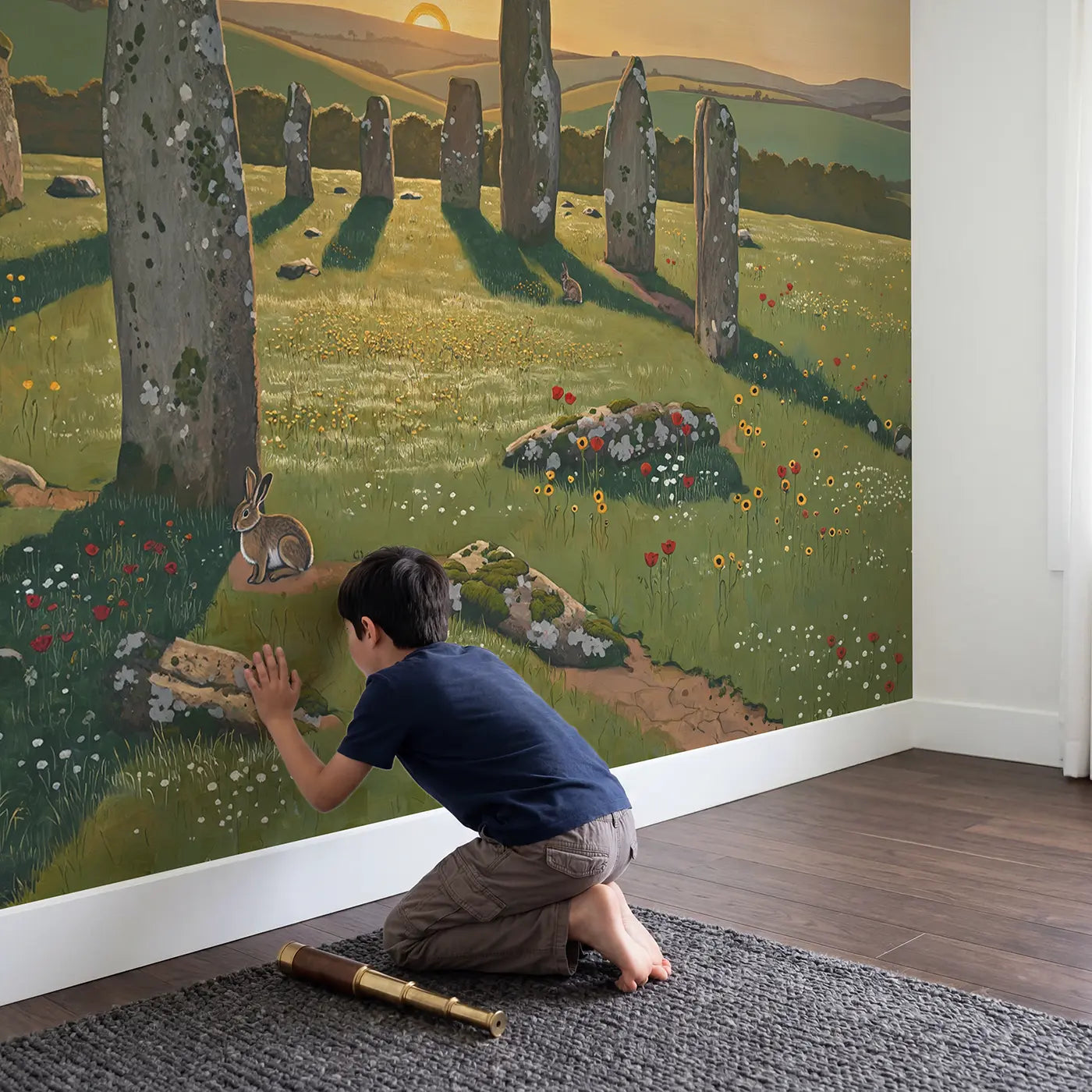 Child in nursery with Solstice Stone Circle Wallpaper Mural by Whimsy Tots