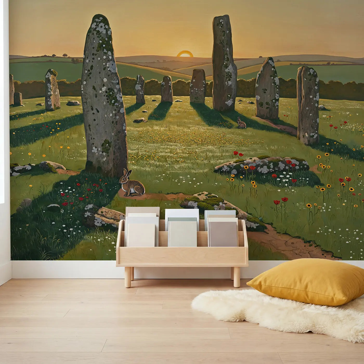 Solstice Stone Circle Wallpaper Mural in playroom setting by Whimsy Tots