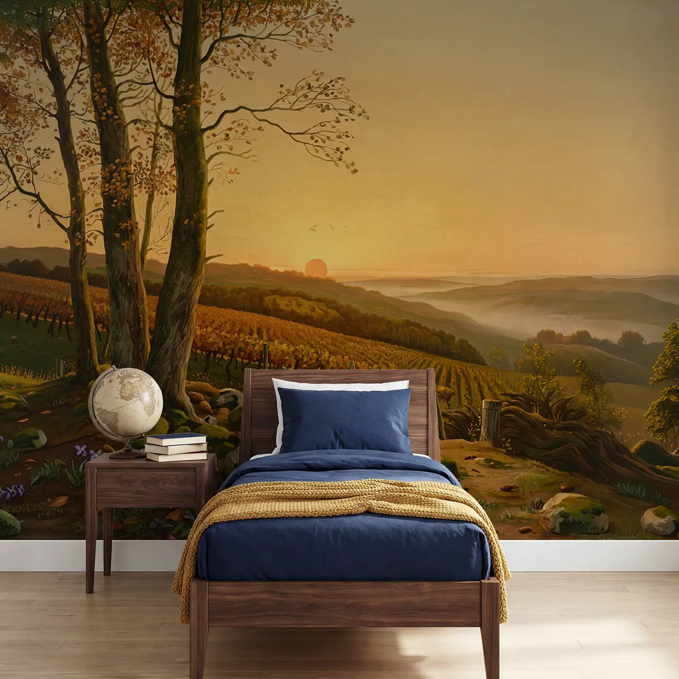 Modern illustration autumn vineyard harvest wallpaper mural for kids room by Whimsy Tots