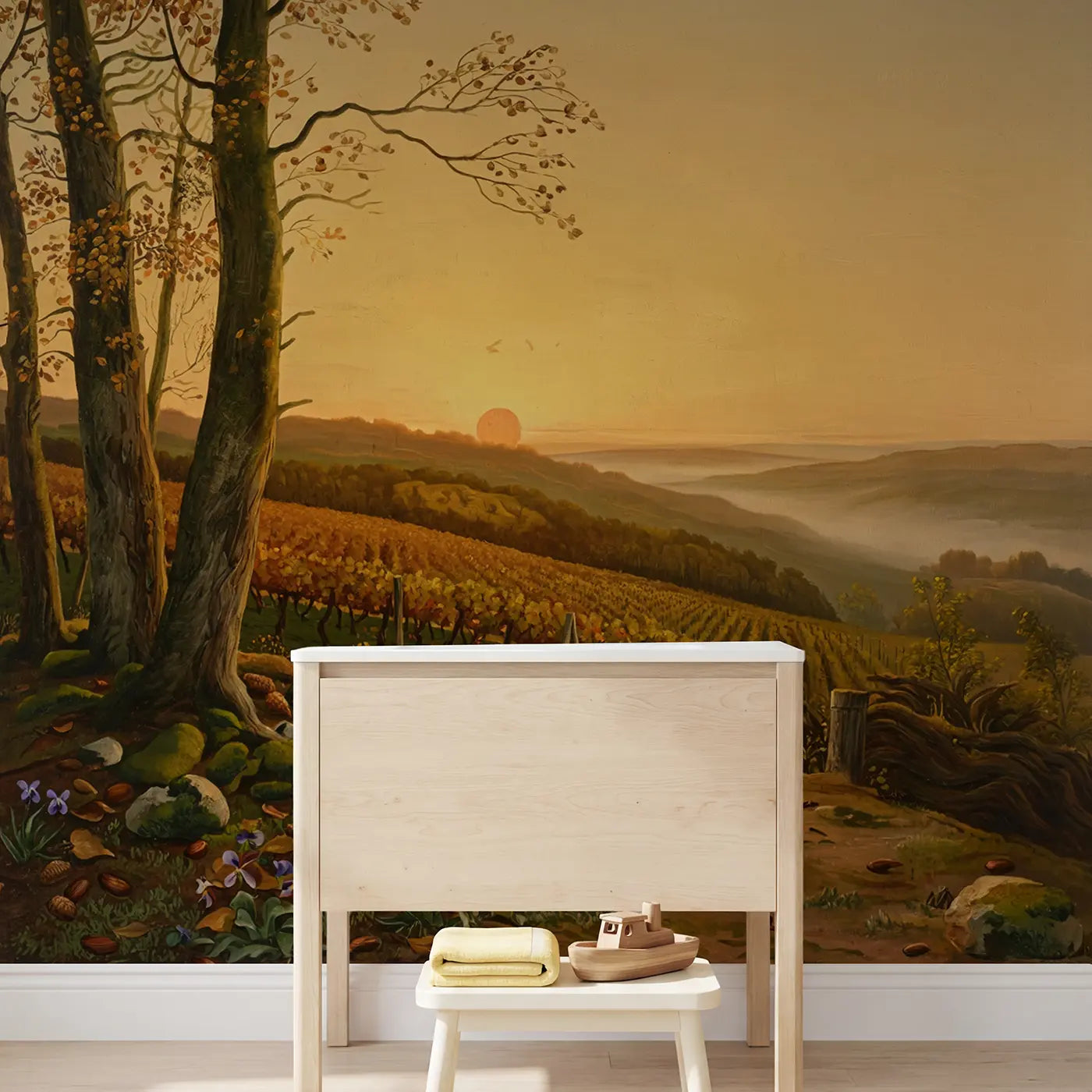 Autumn Vinyard Harvest Setting Wallpaper Mural in playroom setting by Whimsy Tots