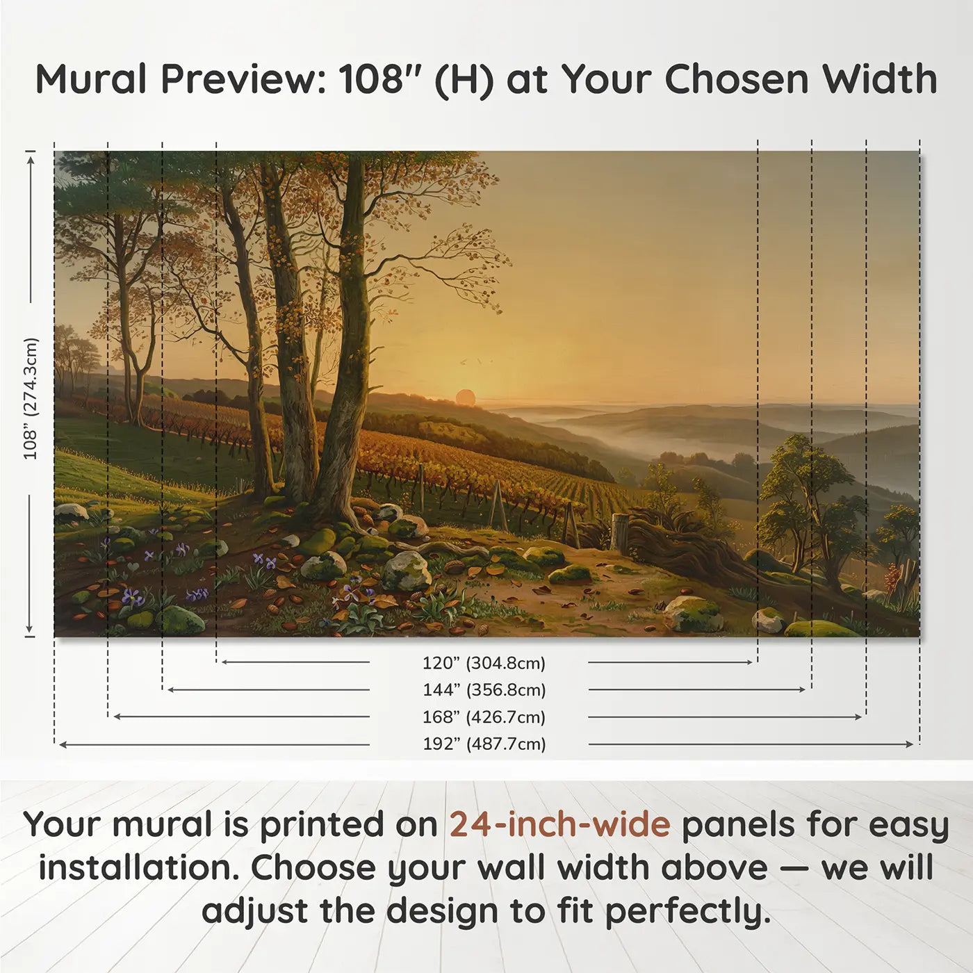 Panel layout and dimensions for Autumn Vinyard Harvest Setting Wallpaper Mural by Whimsy Tots