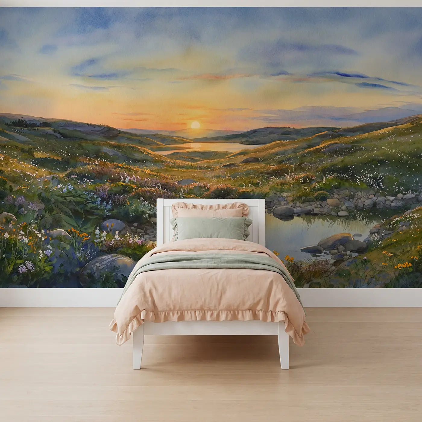 Watercolor midnight sun northern landscape wallpaper mural for girls room by Whimsy Tots