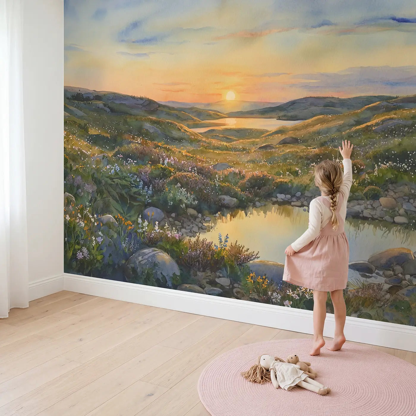 Child in nursery with Midnight Sun Northern Landscape Wallpaper Mural by Whimsy Tots