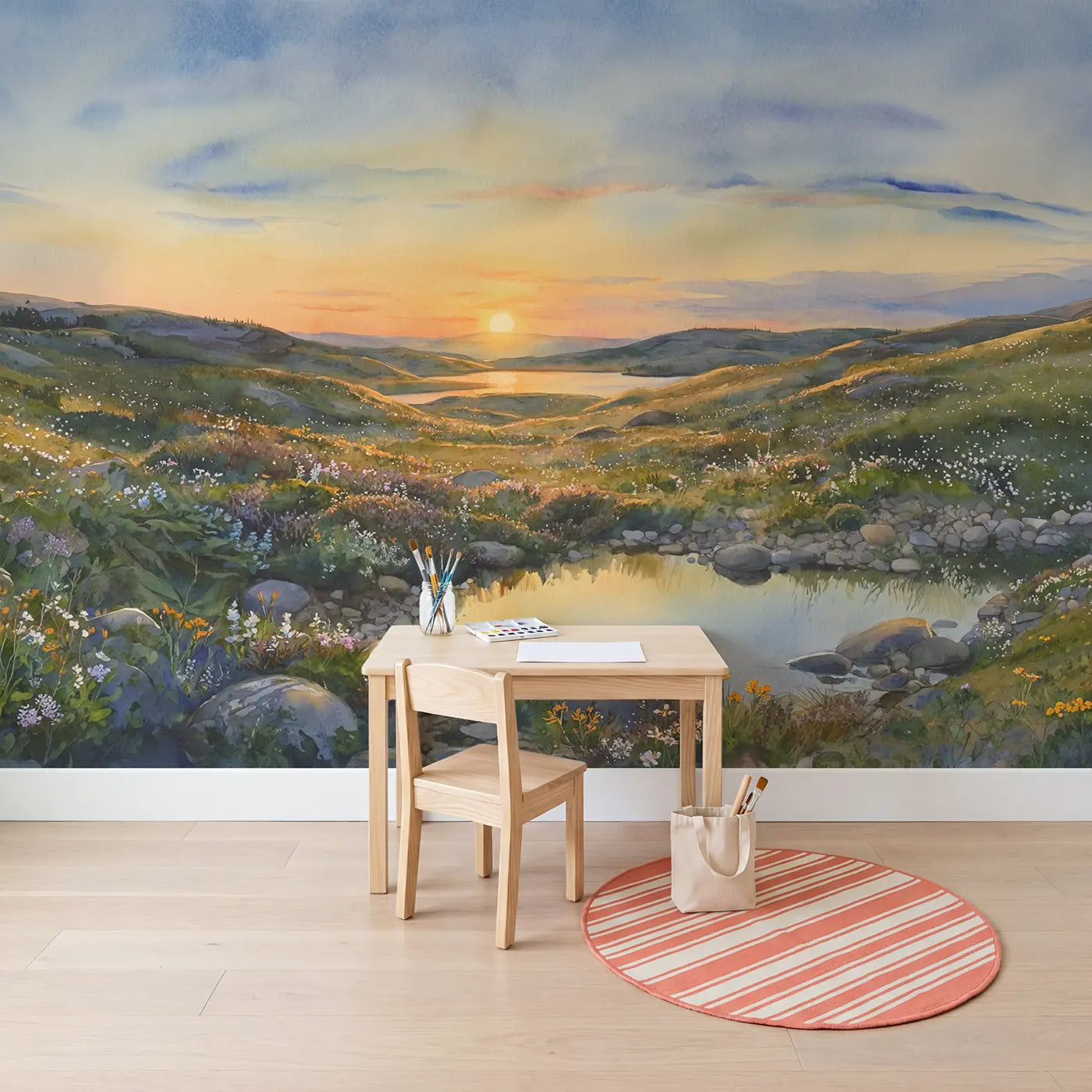 Midnight Sun Northern Landscape Wallpaper Mural in playroom setting by Whimsy Tots