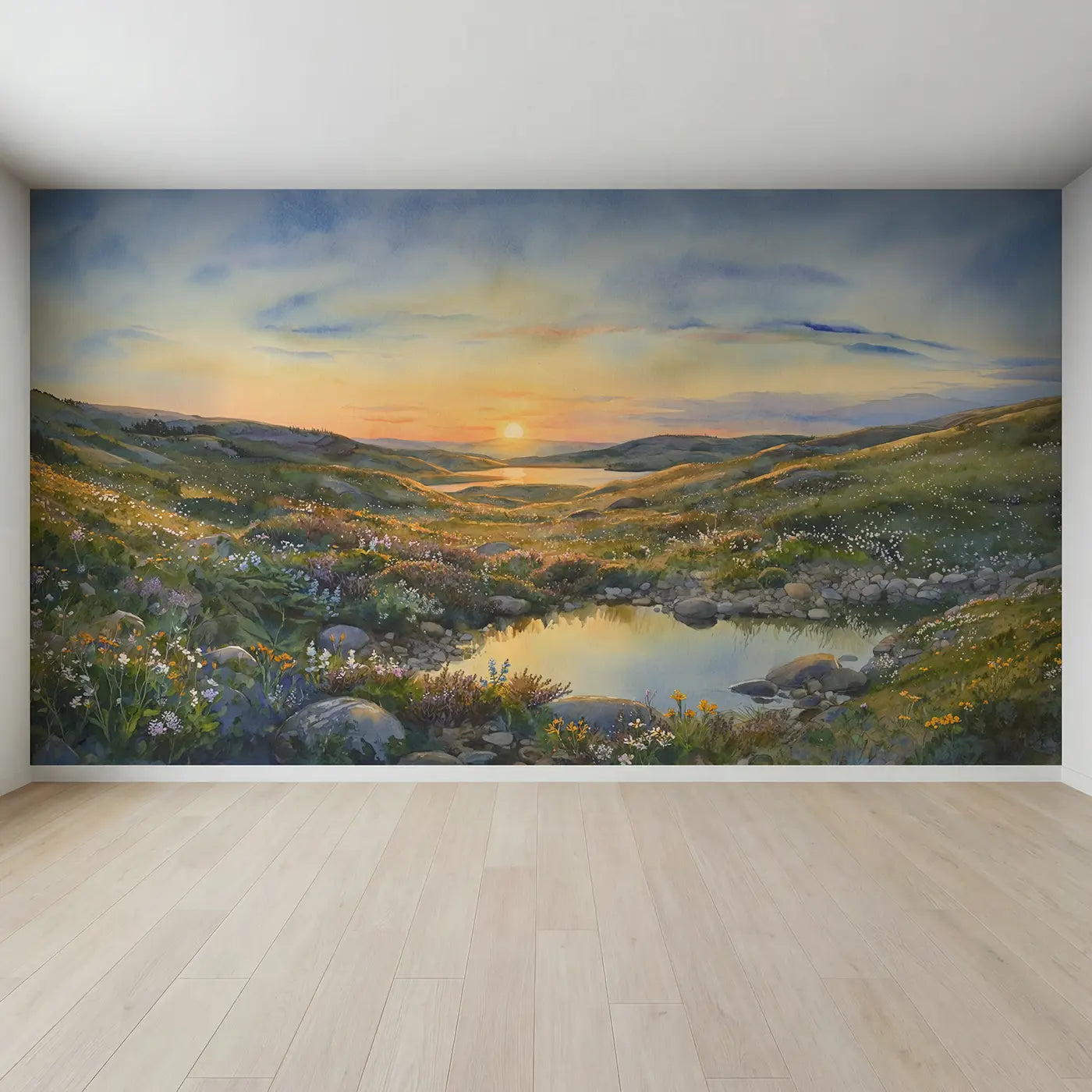 Full view of Midnight Sun Northern Landscape Wallpaper Mural by Whimsy Tots