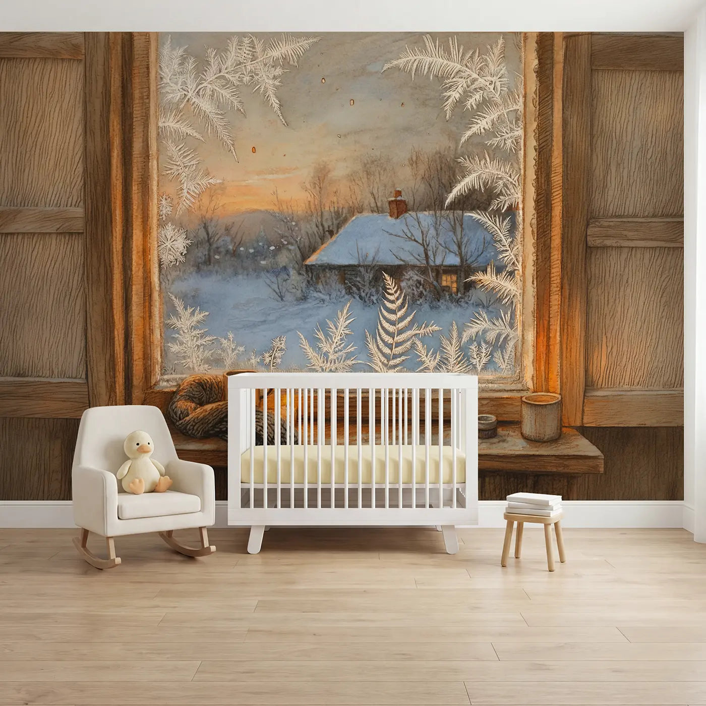 Storybook frosty window winter morning wallpaper mural for nursery by Whimsy Tots