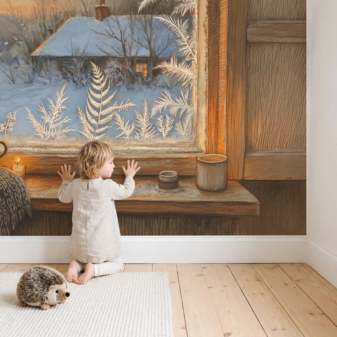 Child in nursery with Frosty Window Winter Morning Wallpaper Mural by Whimsy Tots