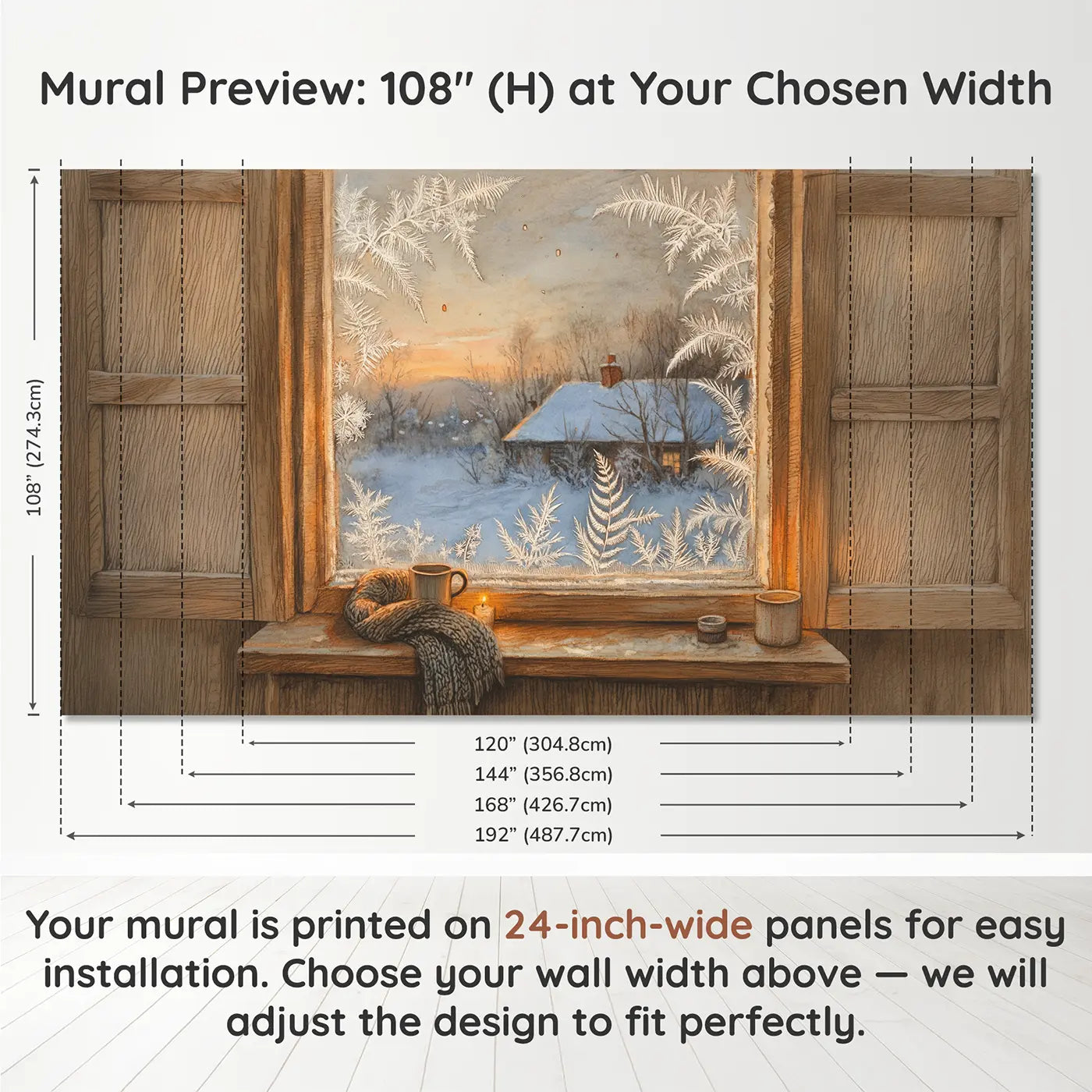 Panel layout and dimensions for Frosty Window Winter Morning Wallpaper Mural by Whimsy Tots