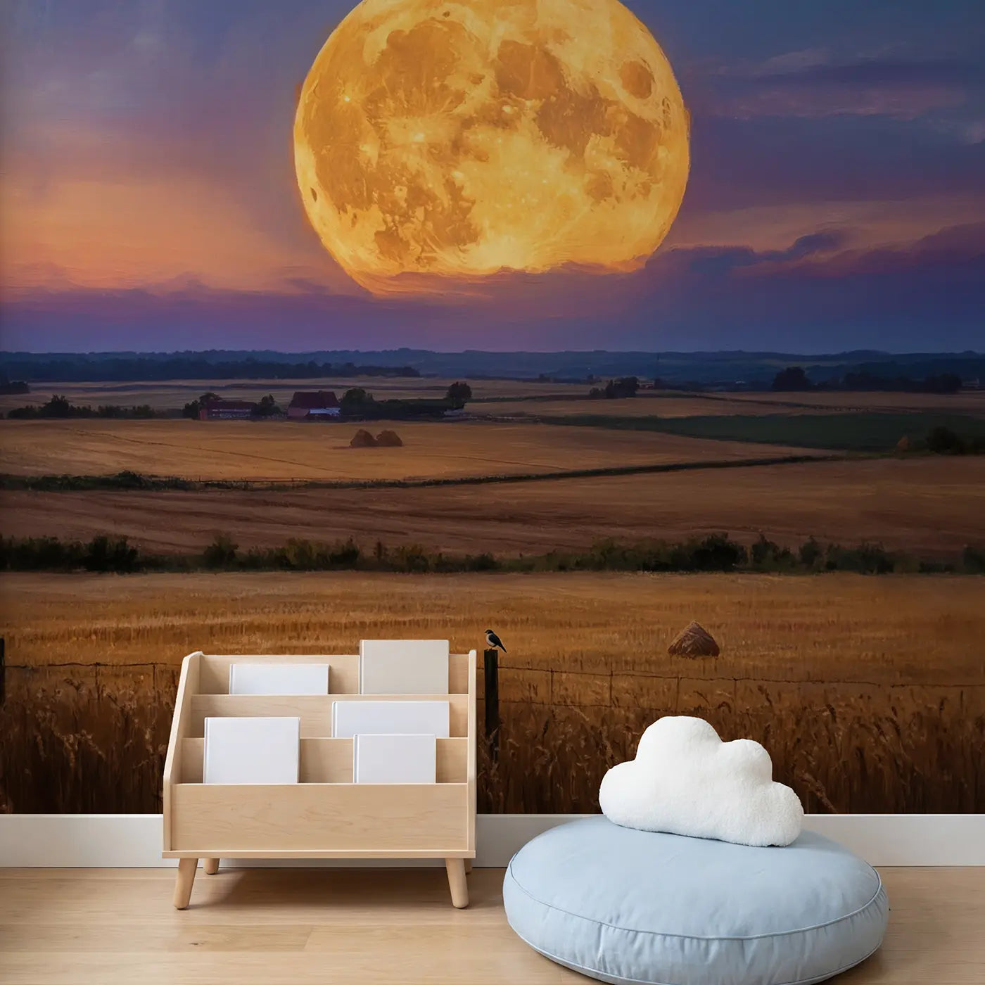 Child in nursery with Harvest Moon Farmland Dusk Wallpaper Mural by Whimsy Tots