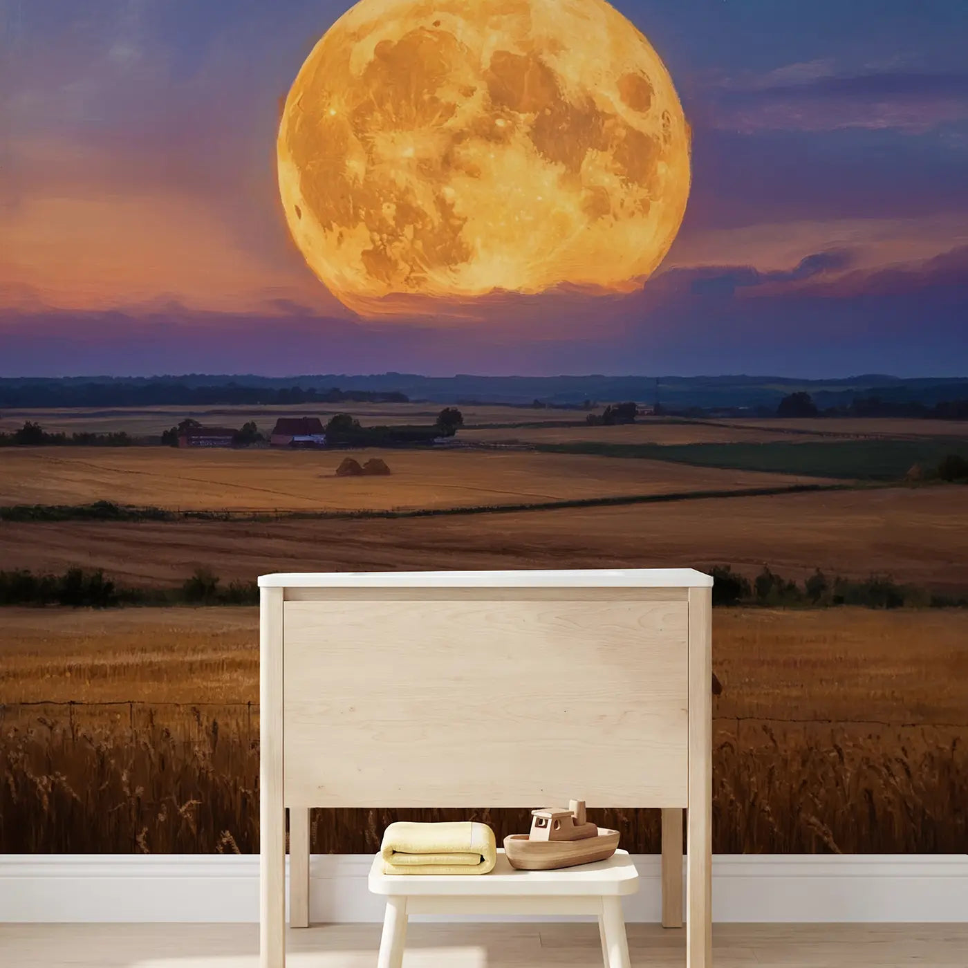 Harvest Moon Farmland Dusk Wallpaper Mural in playroom setting by Whimsy Tots