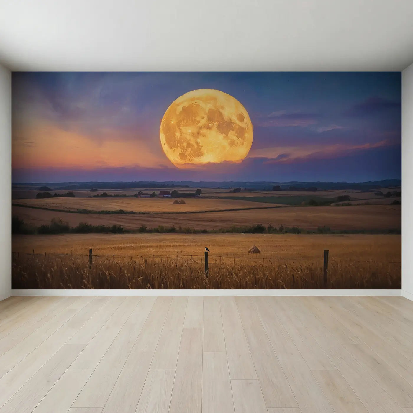 Full view of Harvest Moon Farmland Dusk Wallpaper Mural by Whimsy Tots