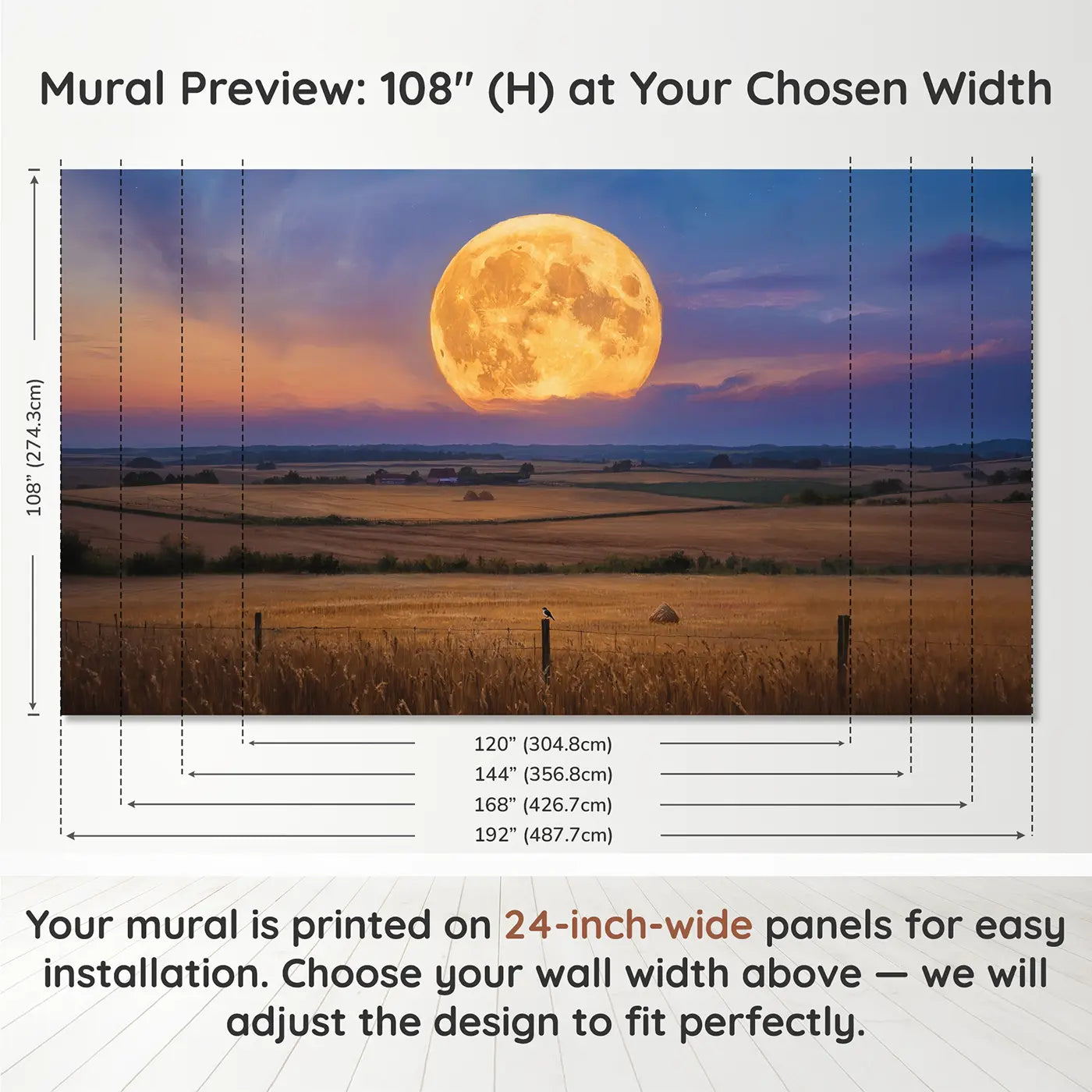 Panel layout and dimensions for Harvest Moon Farmland Dusk Wallpaper Mural by Whimsy Tots