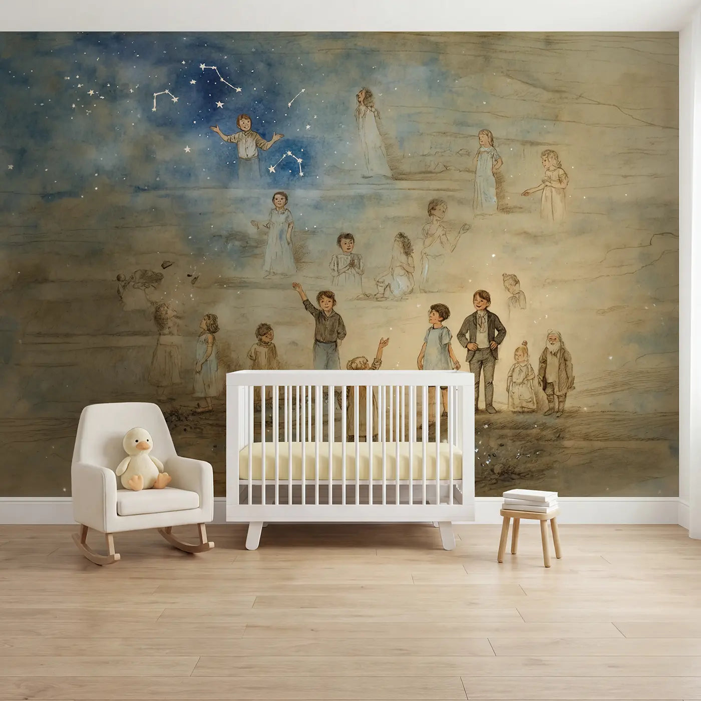 Storybook constellation figures night sky wallpaper mural for kids room by Whimsy Tots