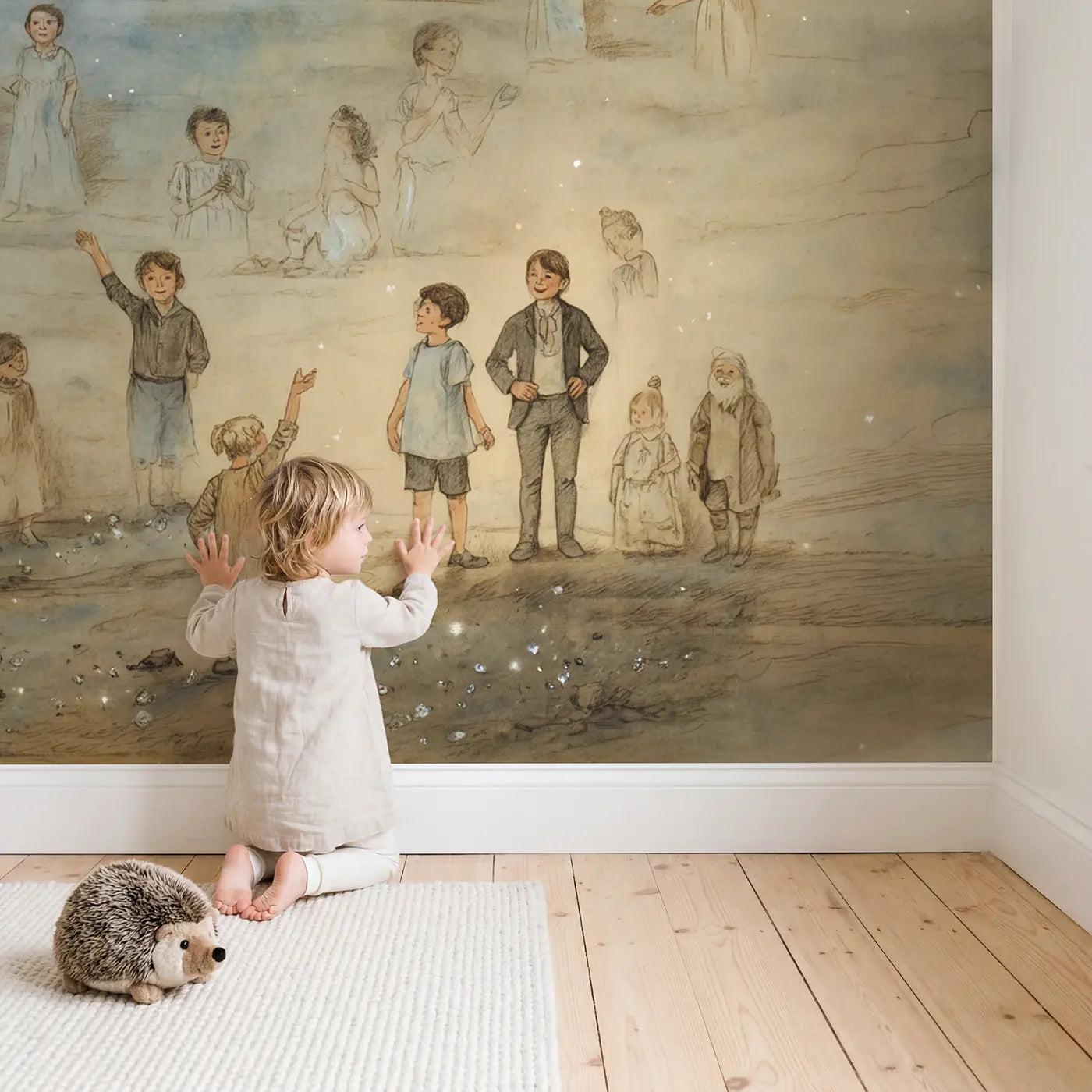 Child in nursery with Constellation Figures Overlaid Real Wallpaper Mural by Whimsy Tots
