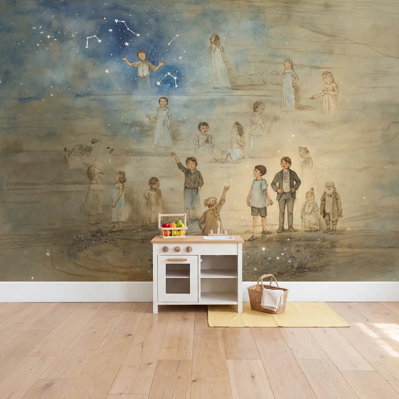 Constellation Figures Overlaid Real Wallpaper Mural in playroom setting by Whimsy Tots
