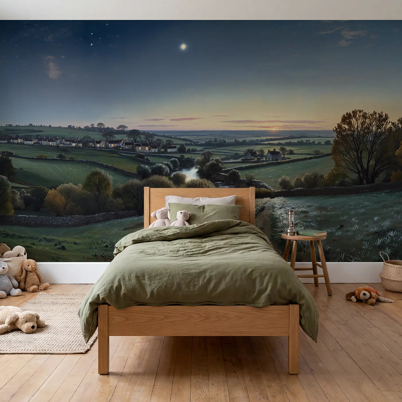 Painted star and moon wallpaper mural for kids room by Whimsy Tots