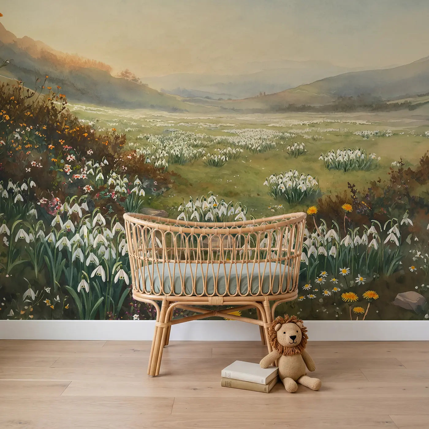 watercolor snowdrop field spring wallpaper mural for boys room by Whimsy Tots