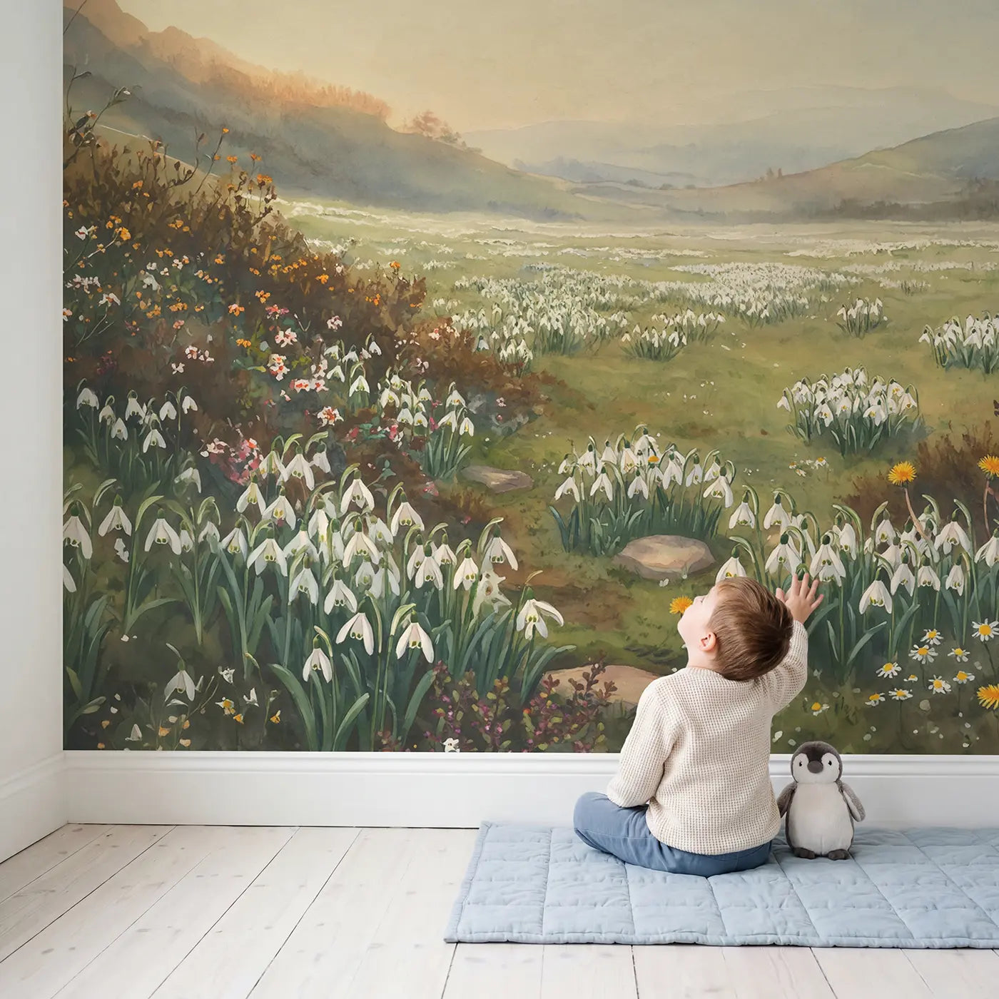 Child in nursery with Spring Snowdrop Field Pushing Wallpaper Mural by Whimsy Tots