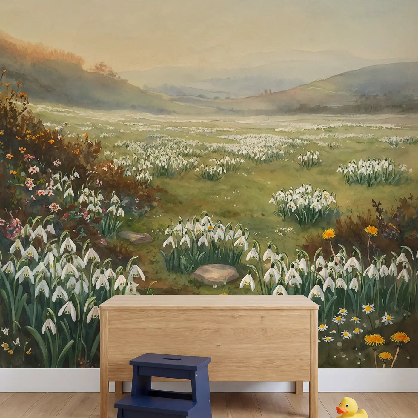 Spring Snowdrop Field Pushing Wallpaper Mural in playroom setting by Whimsy Tots