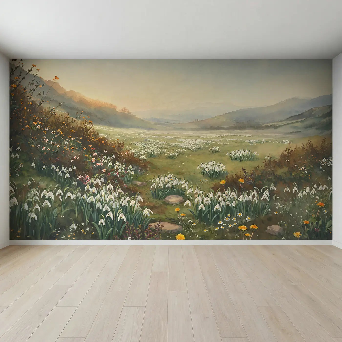 Full view of Spring Snowdrop Field Pushing Wallpaper Mural by Whimsy Tots