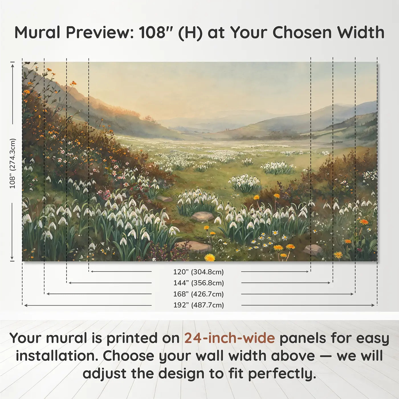 Panel layout and dimensions for Spring Snowdrop Field Pushing Wallpaper Mural by Whimsy Tots