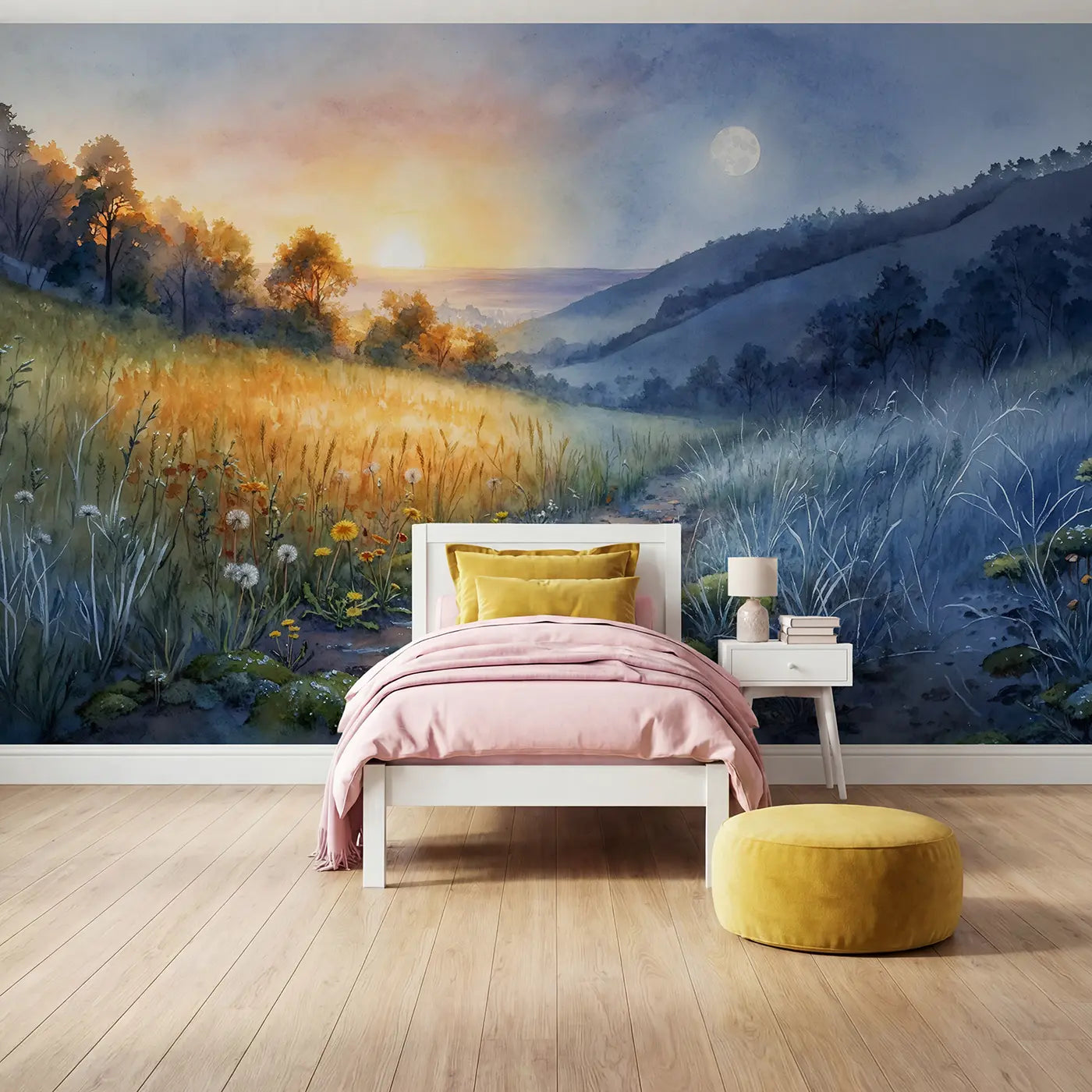 Watercolor equinox dawn sun moon meadow wallpaper mural for girls room by Whimsy Tots