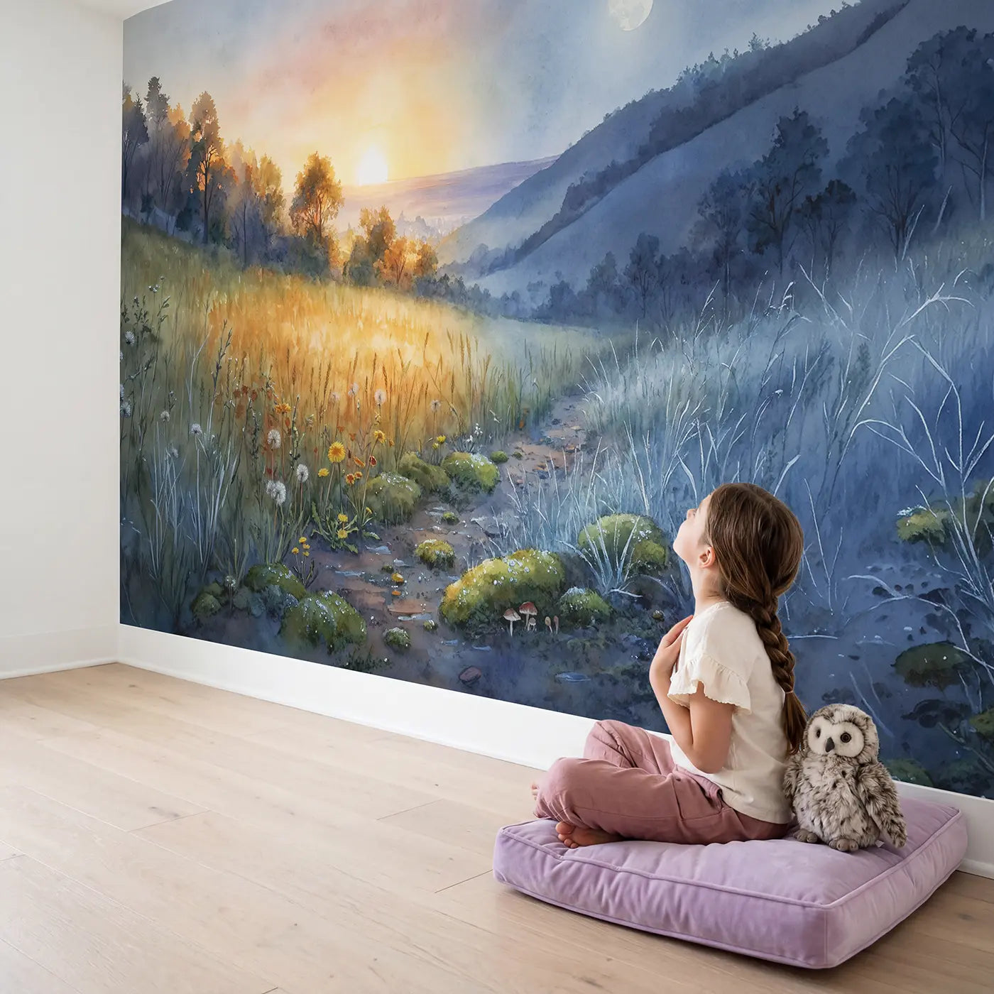 Child in nursery with Equinox Dawn Landscape Wallpaper Mural by Whimsy Tots