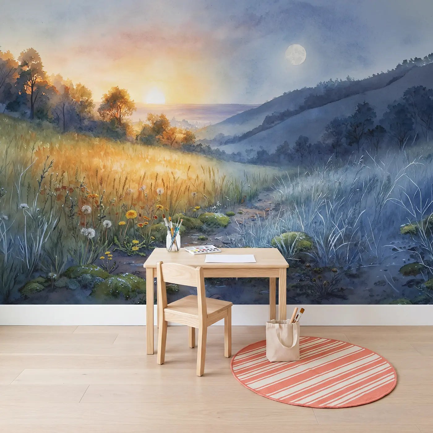 Equinox Dawn Landscape Wallpaper Mural in playroom setting by Whimsy Tots