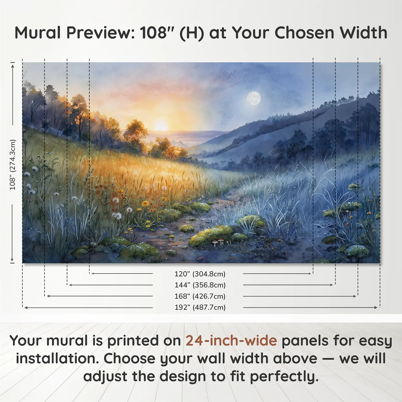 Panel layout and dimensions for Equinox Dawn Landscape Wallpaper Mural by Whimsy Tots