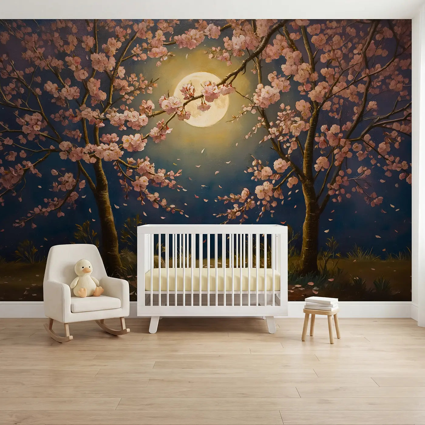 Painted landscape moonlit cherry blossom wallpaper mural for nursery by Whimsy Tots
