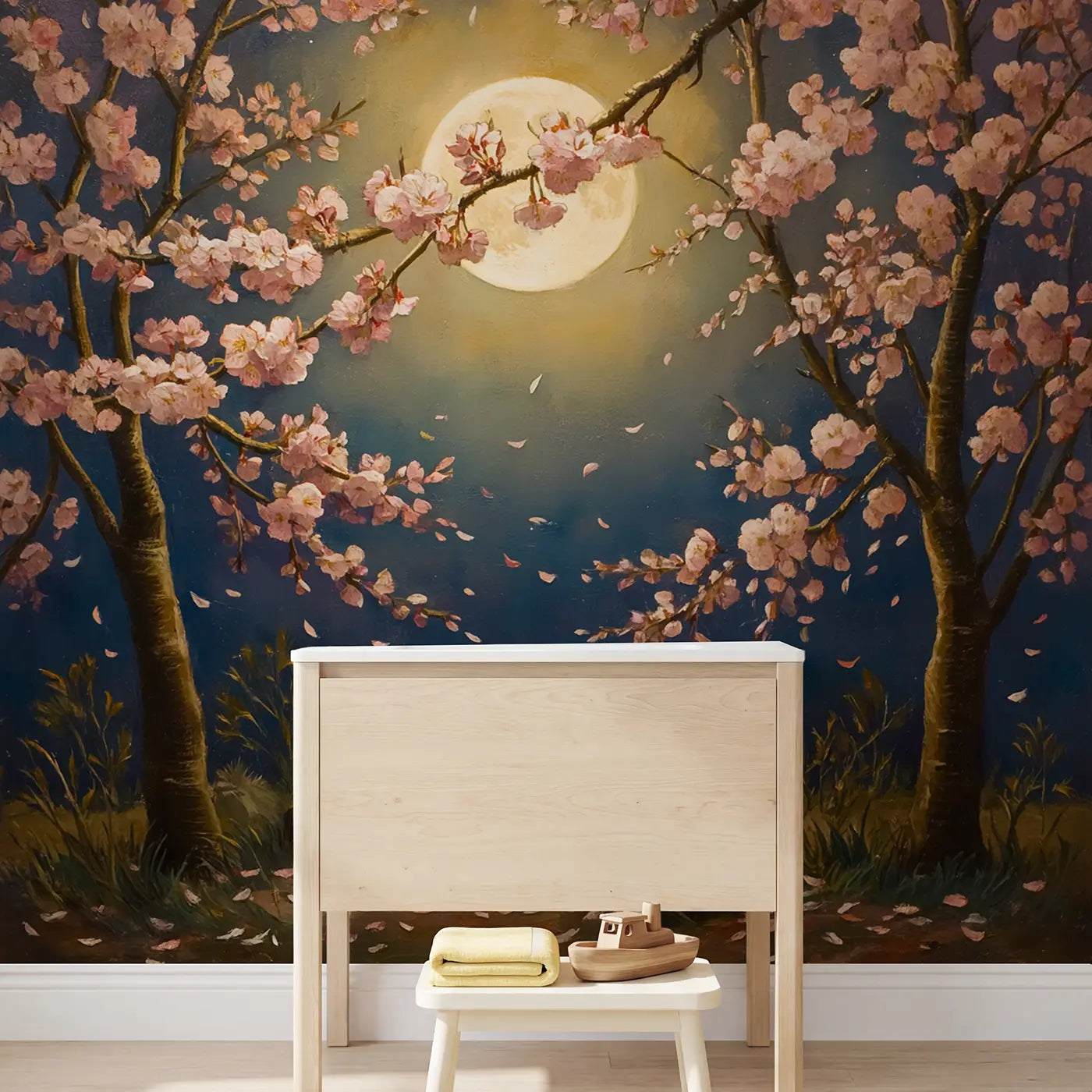Moonlit Cherry Blossom Wallpaper Mural in playroom setting by Whimsy Tots