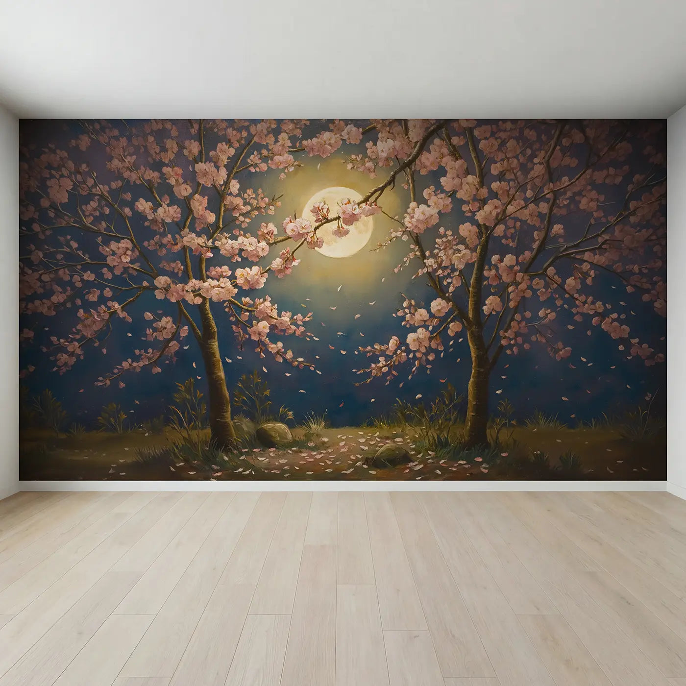 Full view of Moonlit Cherry Blossom Wallpaper Mural by Whimsy Tots