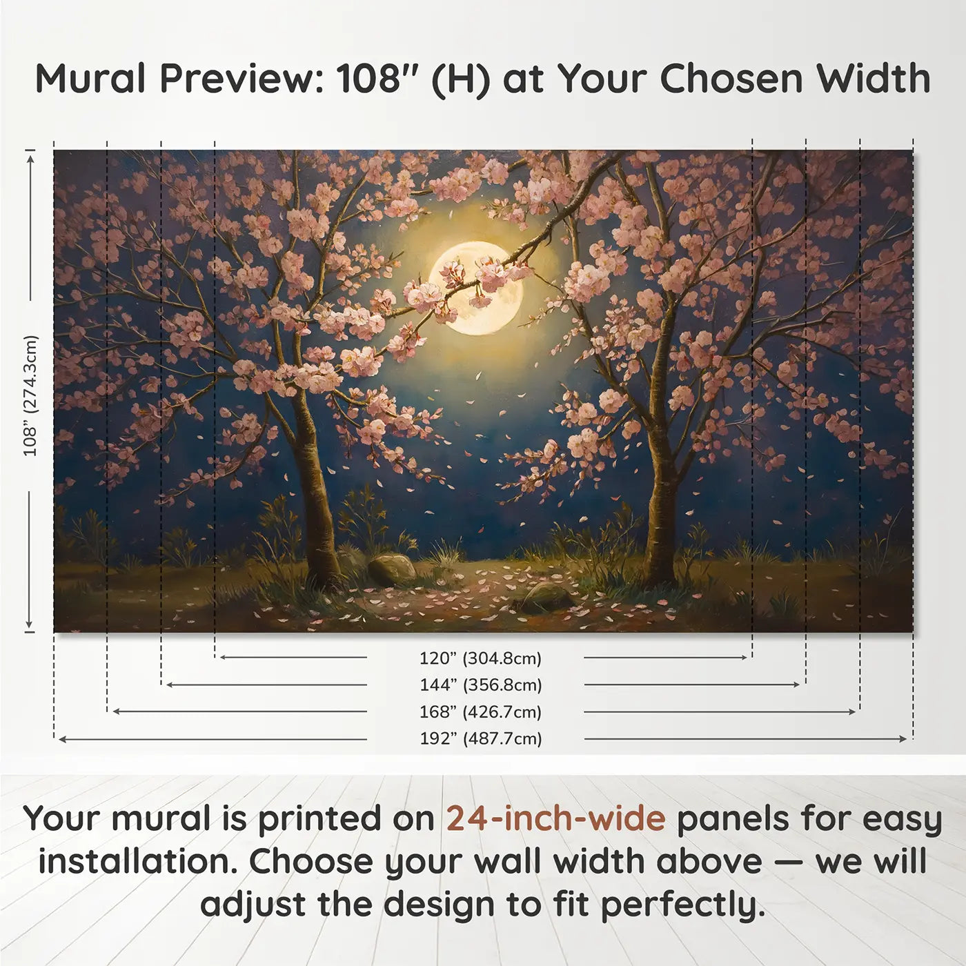 Panel layout and dimensions for Moonlit Cherry Blossom Wallpaper Mural by Whimsy Tots