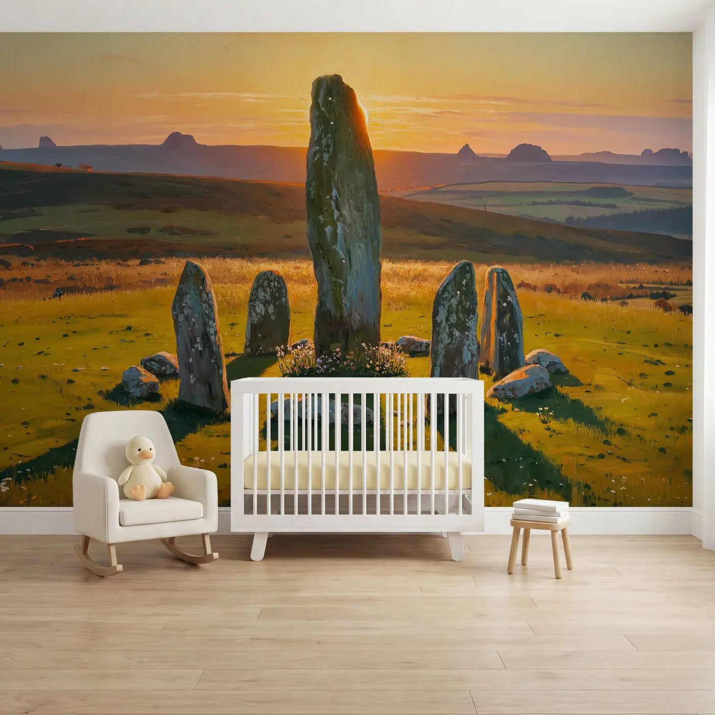 Painted Landscape solstice standing stone sunset wallpaper mural for nursery by Whimsy Tots