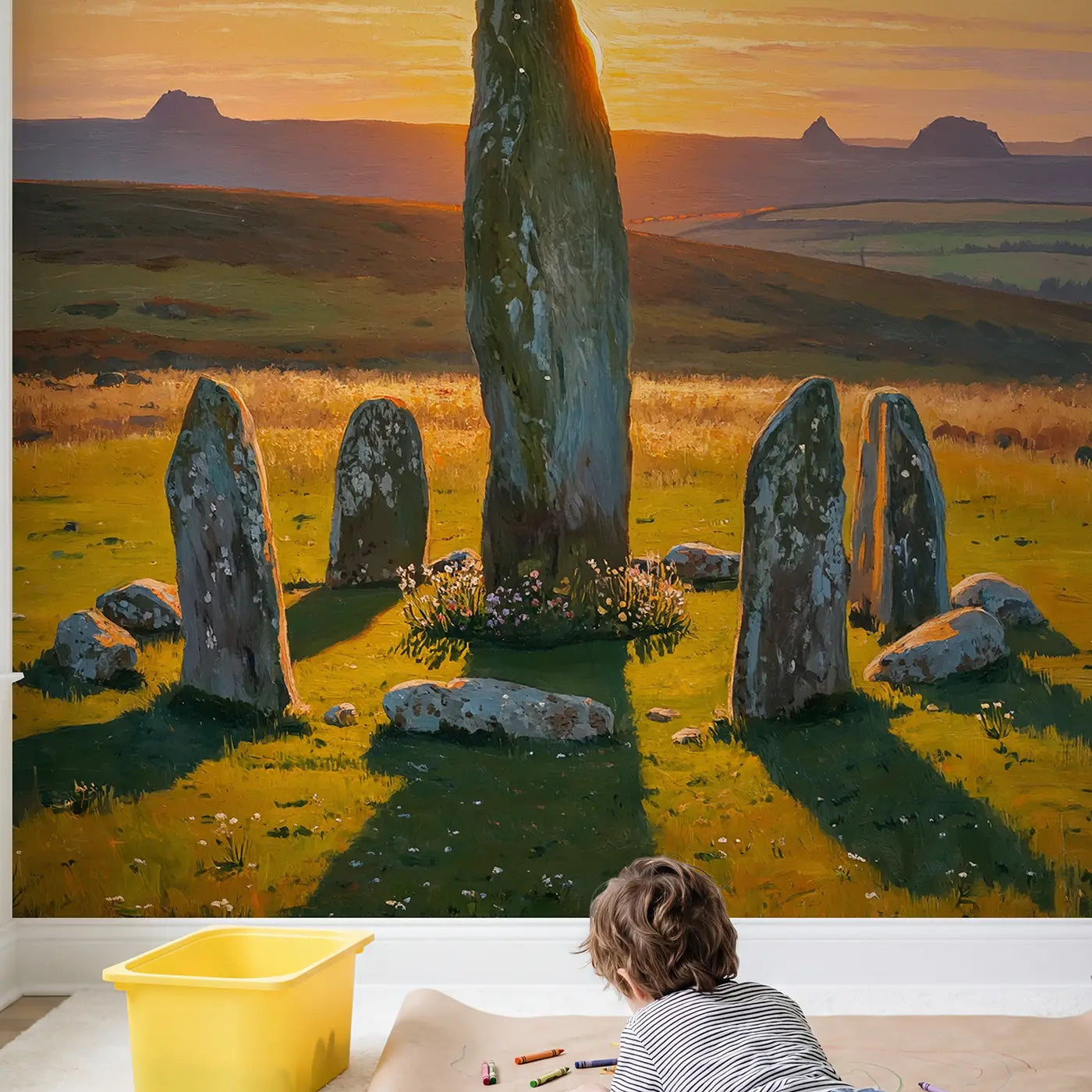 Child in nursery with Solstice Standing Stone Sunset Wallpaper Mural by Whimsy Tots