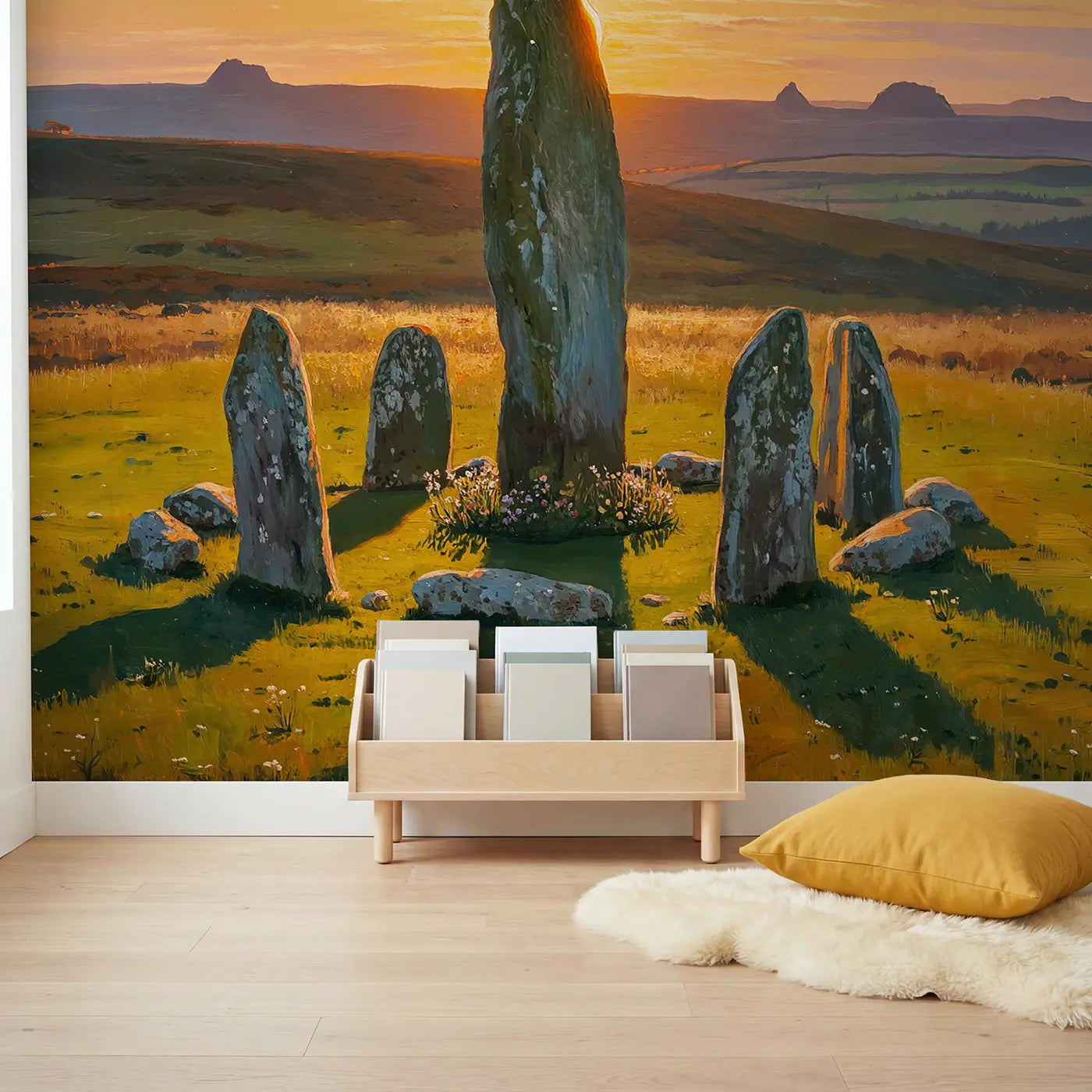 Solstice Standing Stone Sunset Wallpaper Mural in playroom setting by Whimsy Tots