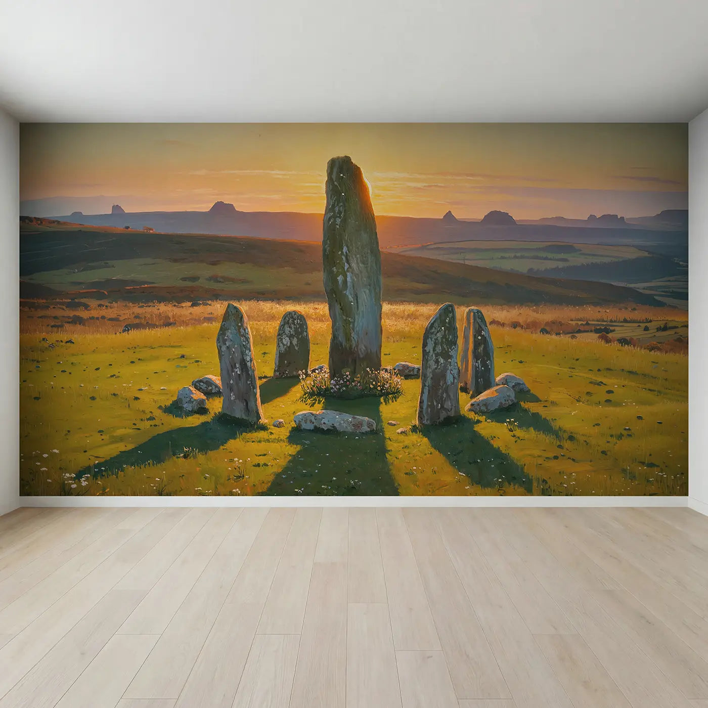 Full view of Solstice Standing Stone Sunset Wallpaper Mural by Whimsy Tots