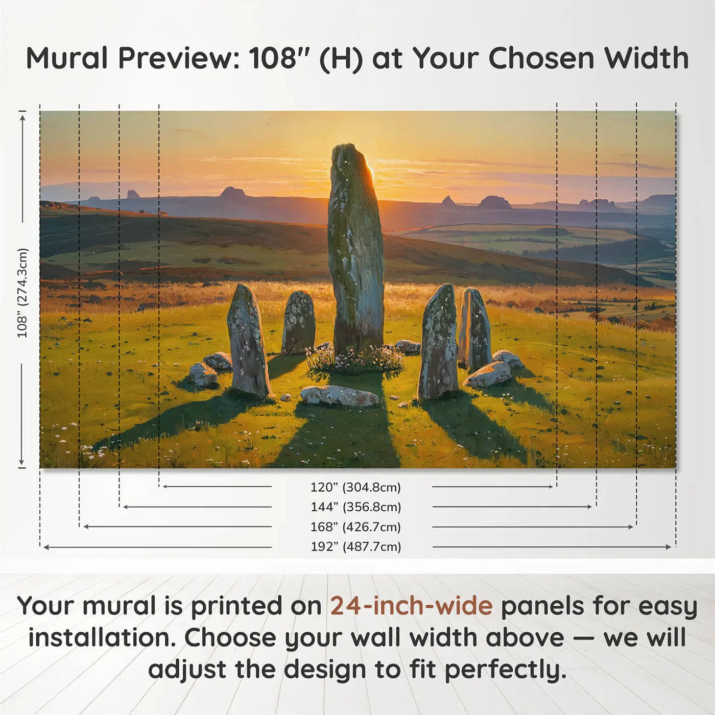 Panel layout and dimensions for Solstice Standing Stone Sunset Wallpaper Mural by Whimsy Tots