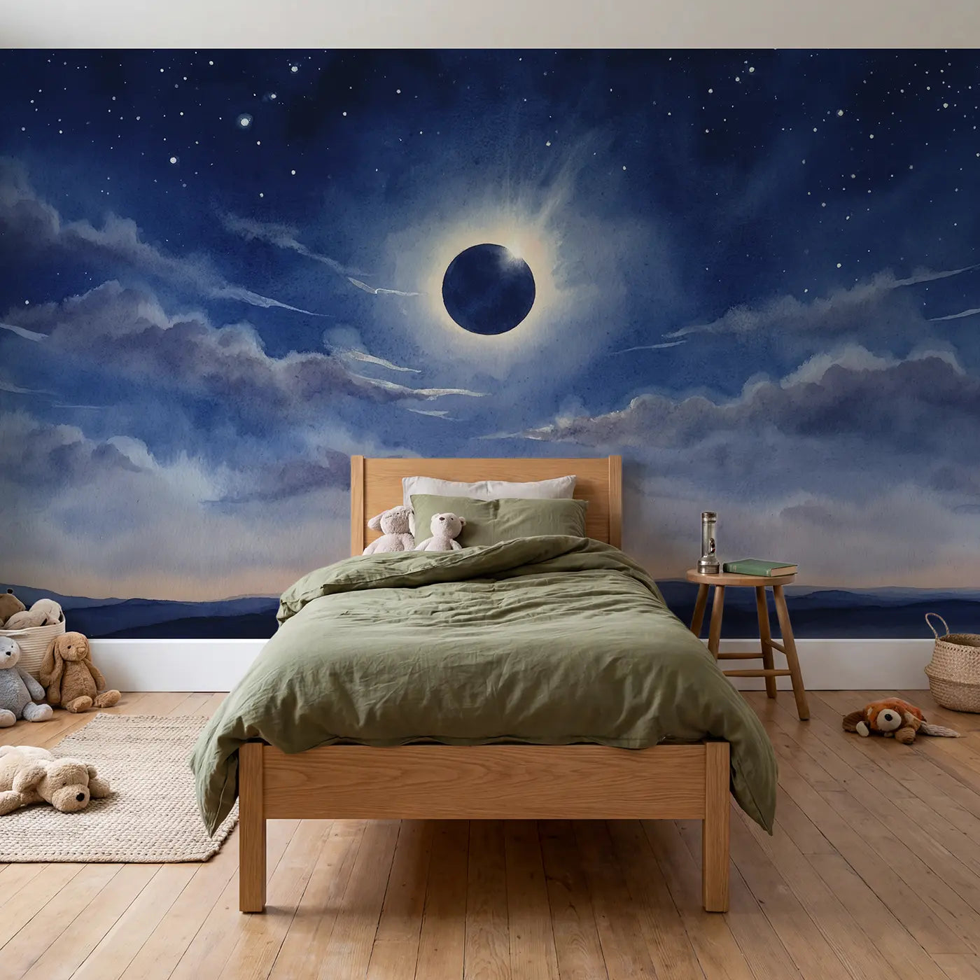 Watercolor diamond ring eclipse hillside wallpaper mural for kids room by Whimsy Tots