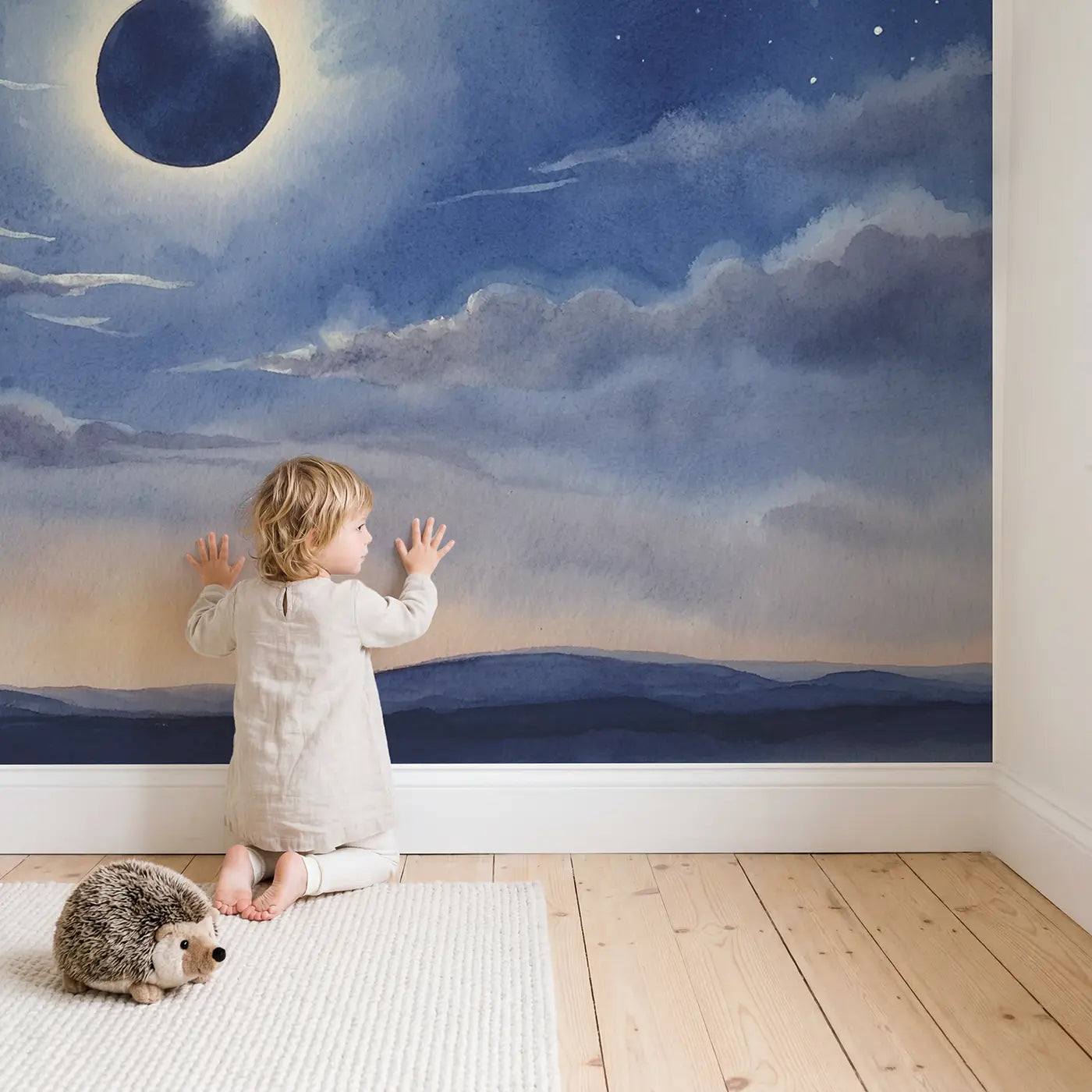Child in nursery with Diamond Ring Eclipse Wallpaper Mural by Whimsy Tots