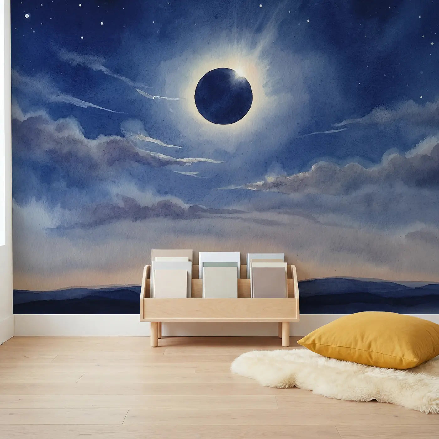 Diamond Ring Eclipse Wallpaper Mural in playroom setting by Whimsy Tots